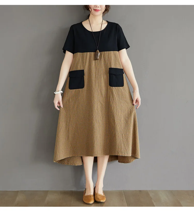 Women Cotton Linen Shirt Dress Summer Plus Size Short Sleeve Color Block Casual Art Loose Midi Robe Tunic Vestidos Kaftan Женская