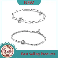 authentic 925 sterling silver timeless sparkling halo tennis pan bracelet fit bead charm diy fashion jewelry