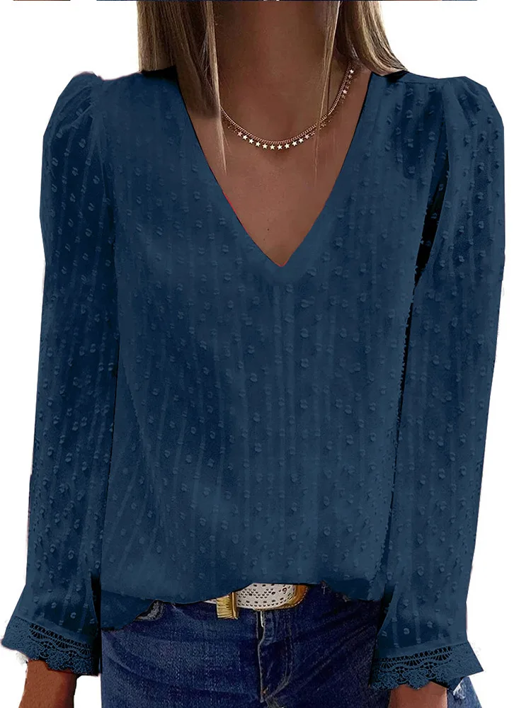 

Solid Print Lace Patchwork Women Tops And Blouses V-neck Transparent Double Lace-sleeved Pullover Female 2021 Summer Office Lady