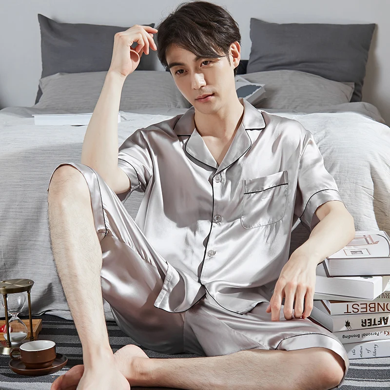 Men's Summer 100% Silk Pajamas Sets Solid Lxury Pure Silk Pijamas Sleepwear Male Home Clothes Short-sleeve 2 Pcs Pyjamas Suit