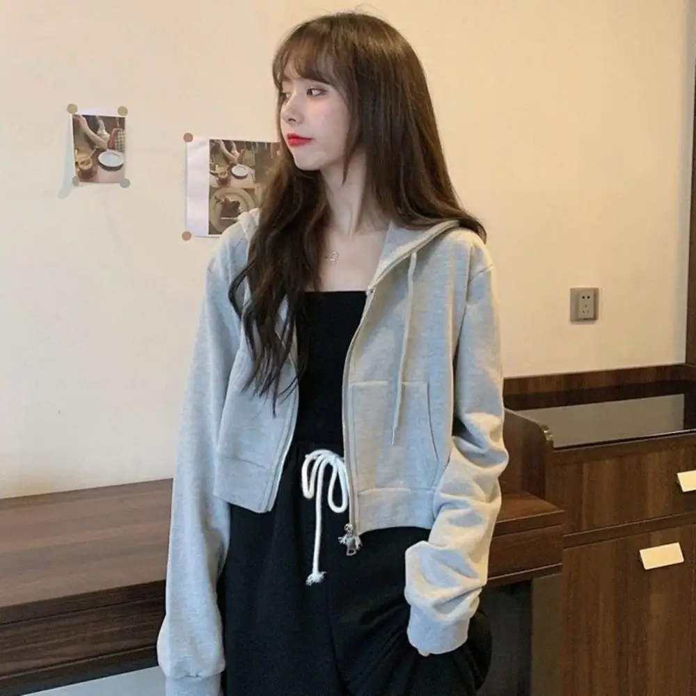 High Quality Simple Women Autumn Solid Color Long Sleeve Zipper Pocket Coat Short Hoodie Crop Top for Female