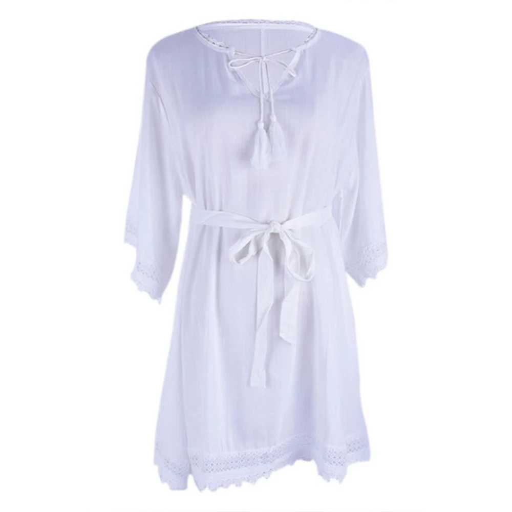 

White Cotton Beachwear See Through Bikini Cover Up Female Loose Blouse Lace Tassels Beach Dress Ladies Holiday Tunic