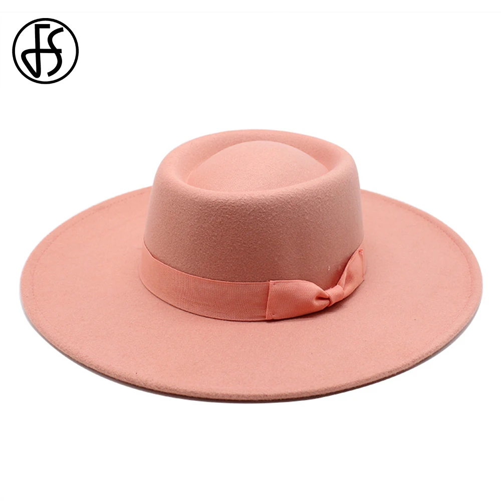 

FS Woolen 9.5cm Big Brim Solid Color Formal Dress Church Felt Fedora Hats For Men Women Concave Jazz Top Hat With Bowknot