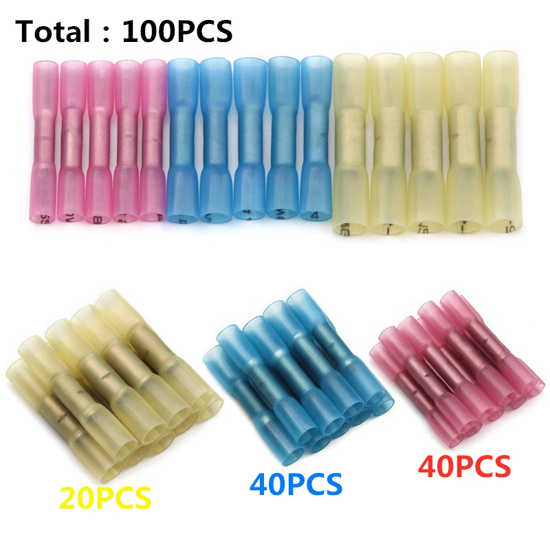 100pcs Mix 100 шт водонепроницаемый Изолированный термоусадочный уплотнитель стыковые обжимные клеммы Электрический кабель обжимные клеммные Разъемы 18-22 AWG комплект - Цвет: 100pcs Mix
