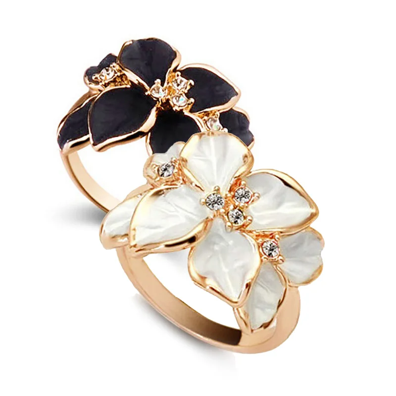 

Gardenia Flower Rings Woman Delicate Elegant Black White Wedding Party Engagement Daily Jewelry Gift