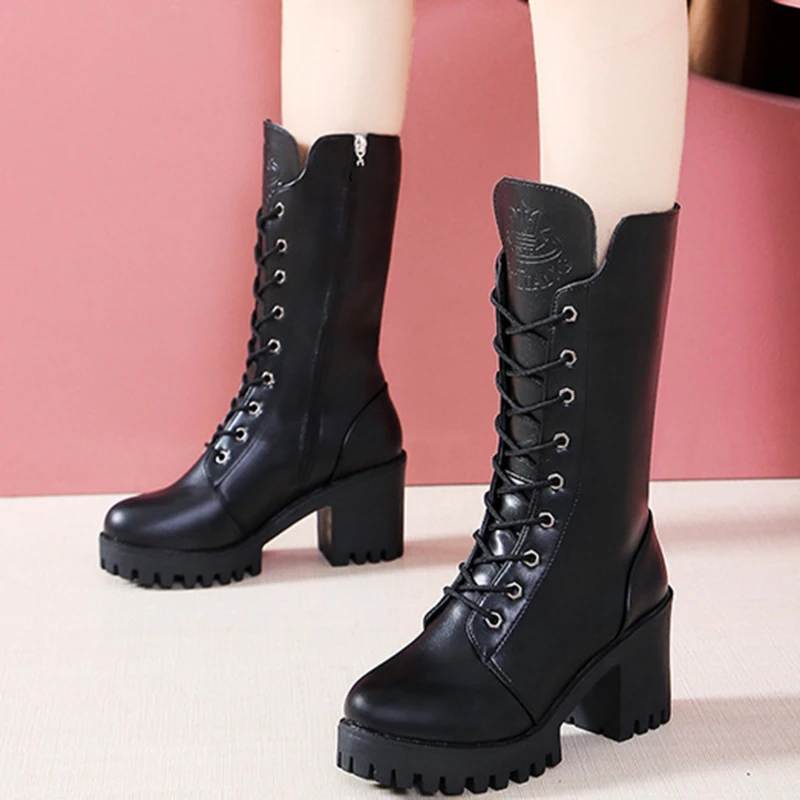 

Женские ботинки на высоком каблуке 7 см, черные повседневные рыцарские ботинки средней длины, ботинки на молнии с круглым носком, кожаные те...