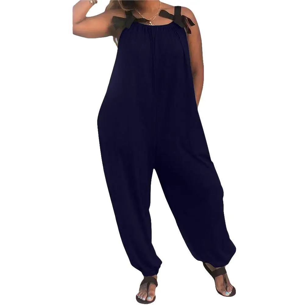 

Casual Loose Women Solid Color Bow Strap Sleeveless Jumpsuit Long Pants Romper