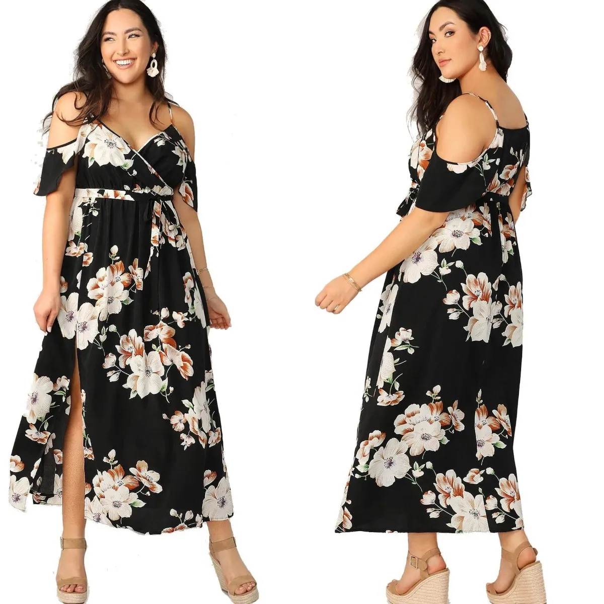 

Women Plus Size Cold Shoulder Floral Maxi Bohemian Split Dress