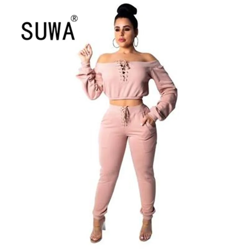 

Solid Color High Street Fashion Women Two Piece Set Slash Collar Crop Top Tunic High Waist Pants Sexy Club Outfits Wholesale