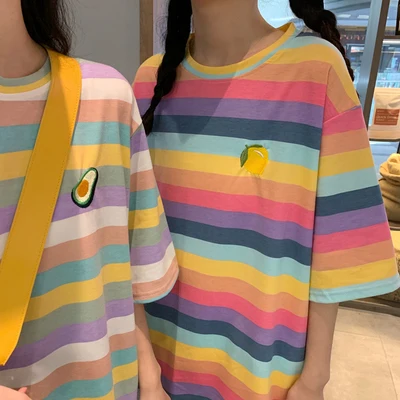 Casual Loose Lemon Avocado Embroidered Colorful Striped Summer Spring 2020 New Arrival Hot Sale Women Top T-shirts | Женская одежда