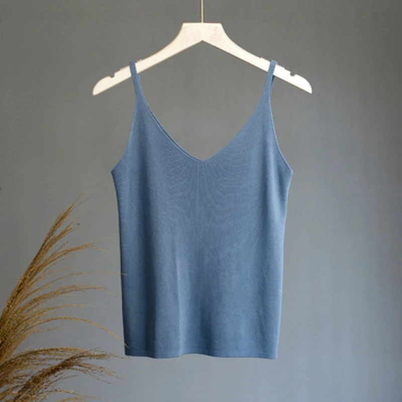 

2021 Summer Spring Solid V-Neck Knit Basic Tank Top Women Cami Korean Camisole Elastic Vest Knit Sexy Tops Female Camis