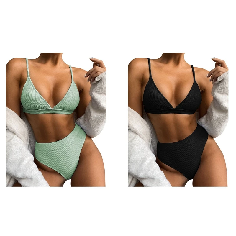 

2 комплекта женский купальник бикини с высокой талией комплект бикини из 2 частей купальник в рубчик черно-зеленый S