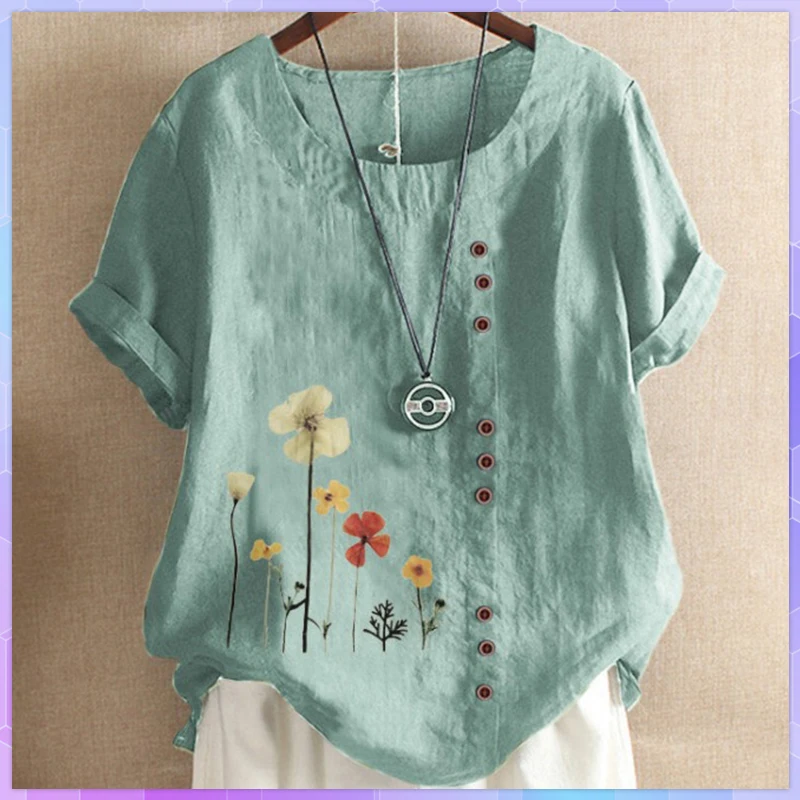 

T-shirt Woman Clothing Summer Office Lady Large Size Tunic Tops 2022 Casual Short Sleeve Floral Print Cotton Tee Shirts Camiseta