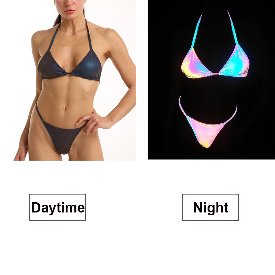 

2021 New Pattern Colorful rainbow reflective bikini ins sexy strap split laser swimwear Bathing swimsuit