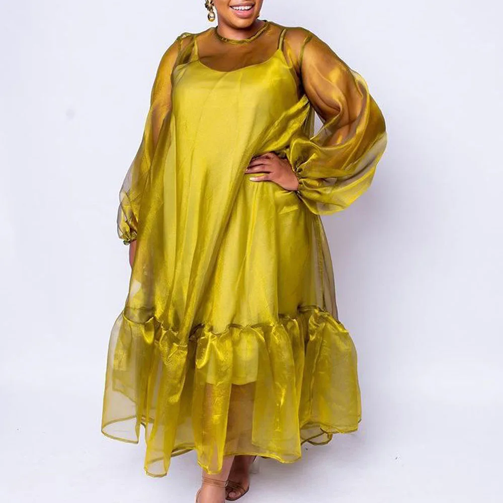 

2021 Women's Dress Round Neck Sexy Perspective Chiffon Ruffle Loose Casual Lined Oversize African Western Style Long Sleeve