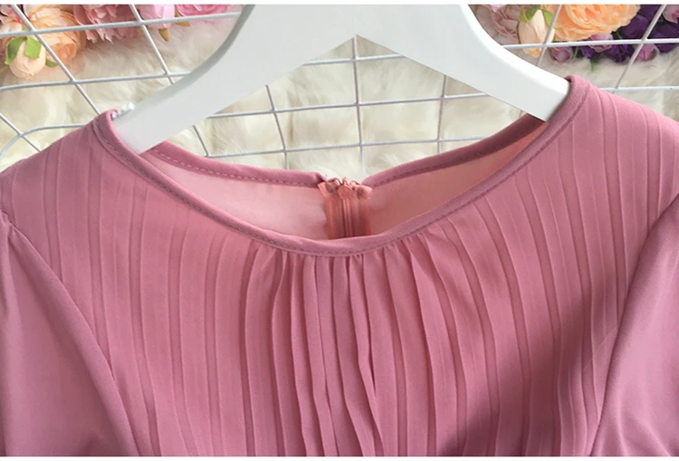 

Brand New Pleated Long Dress Women Solid Color Short Sleeve Vacation Chiffon Dresses Elegant O Neck French Party Dress Vestido