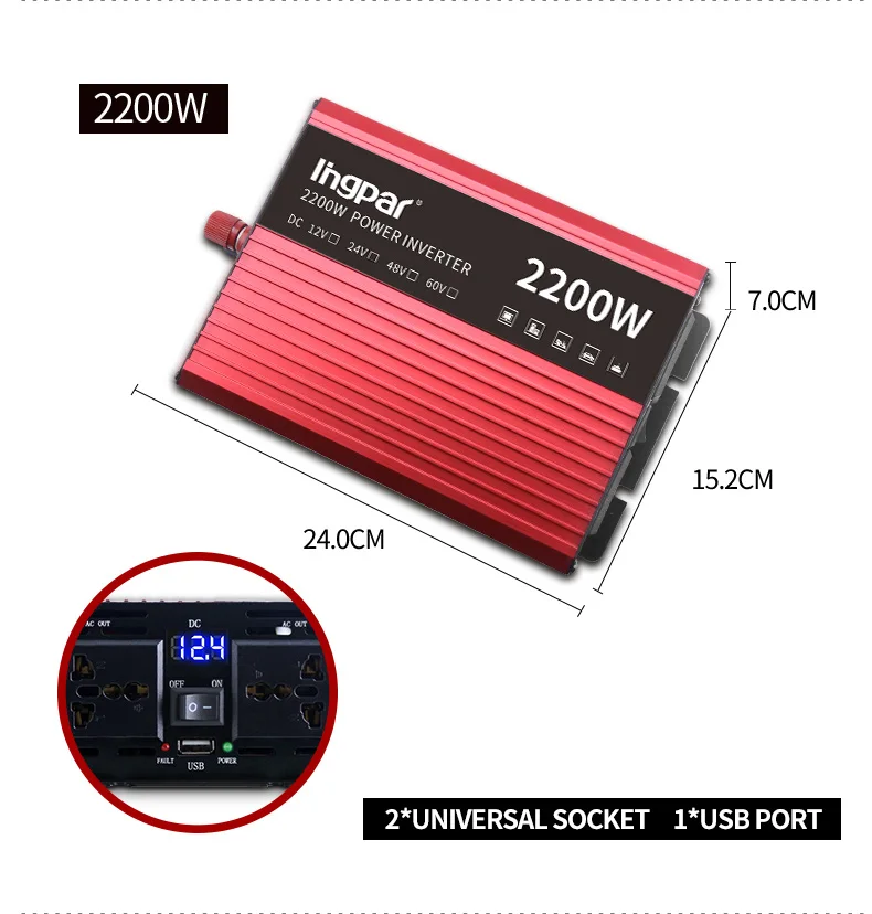 Lingpar Power Inverter 2200W 12 220 V Voltage Transformer DC To AC 12V To 220V Dual Socket Modified Sine Wave Charger Converter