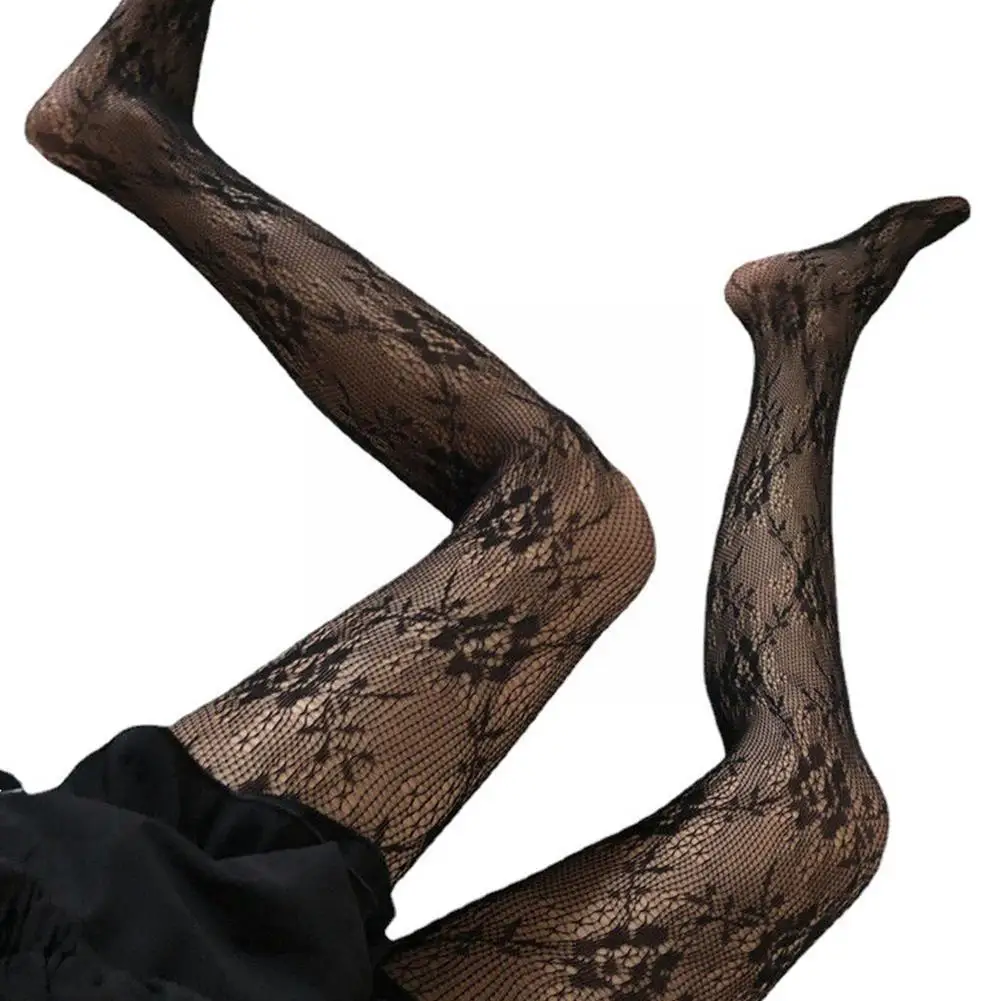 Японские черные винтажные сетчатые чулки с цветком розы нижние брюки кружевные