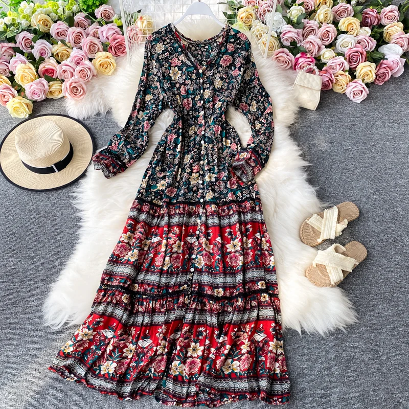 

New Women Dress Casual Bohemian Printed Flowers Long Sleeves V-neck Swing Female Fashion Bali Beach Fashion Style Long Dress