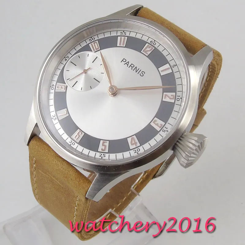 Часы мужские Parnis с белым циферблатом и кожаным ремешком 43 мм покрытием из