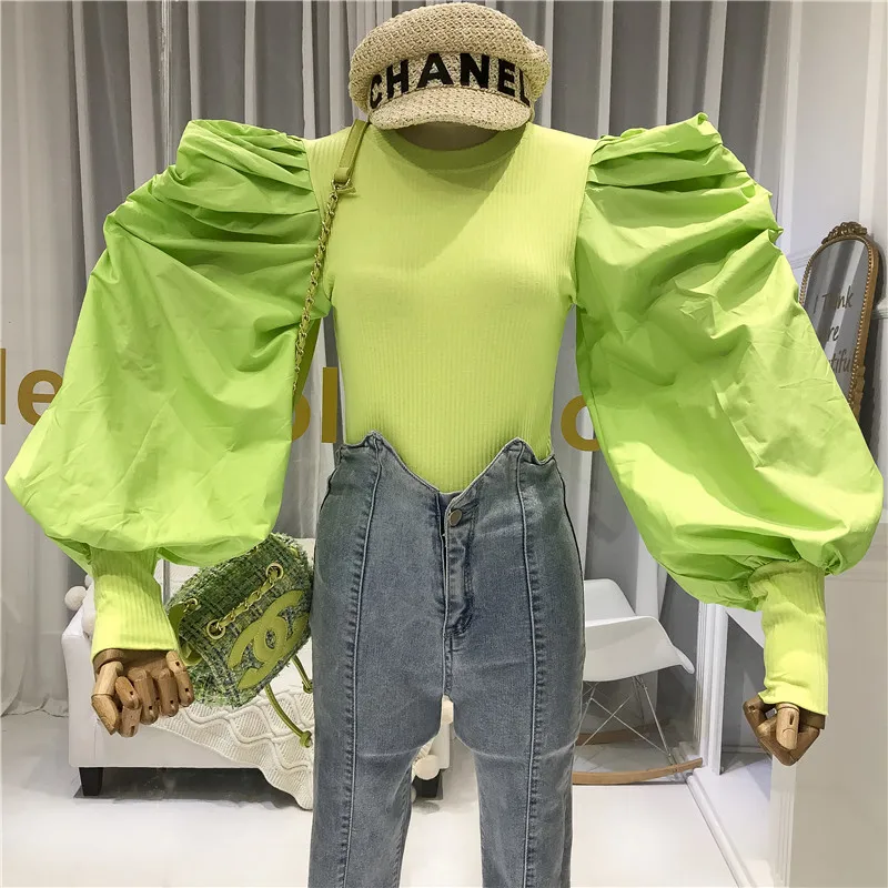 ALPHALMODA 2019 Autumn Knitted Jacket with Pleated Lantern Sleeve Women Design Personalized Sweater T-Shirts Patchwork Outfit | Женская