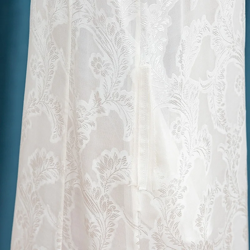 

VOA Silk Georgette Weave White Raw Edge Collage Round Neck Zip Middle Sleeve Button Closure Hollow Loose Dress AH9026