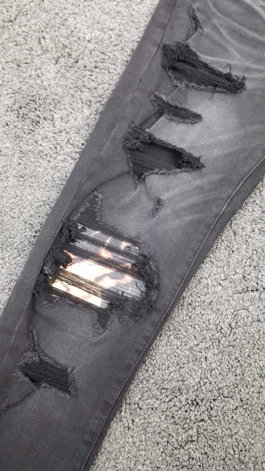 men art ribbed patch skinny distressed black jeans | Мужская одежда