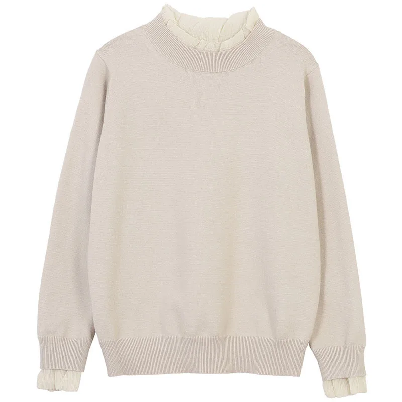 

Sweet Stitching Lace Fake Two Piece Sweater Korean Loose Pullover Half High Neck Shirt Womens Autumn Winter New 2021 Jumper