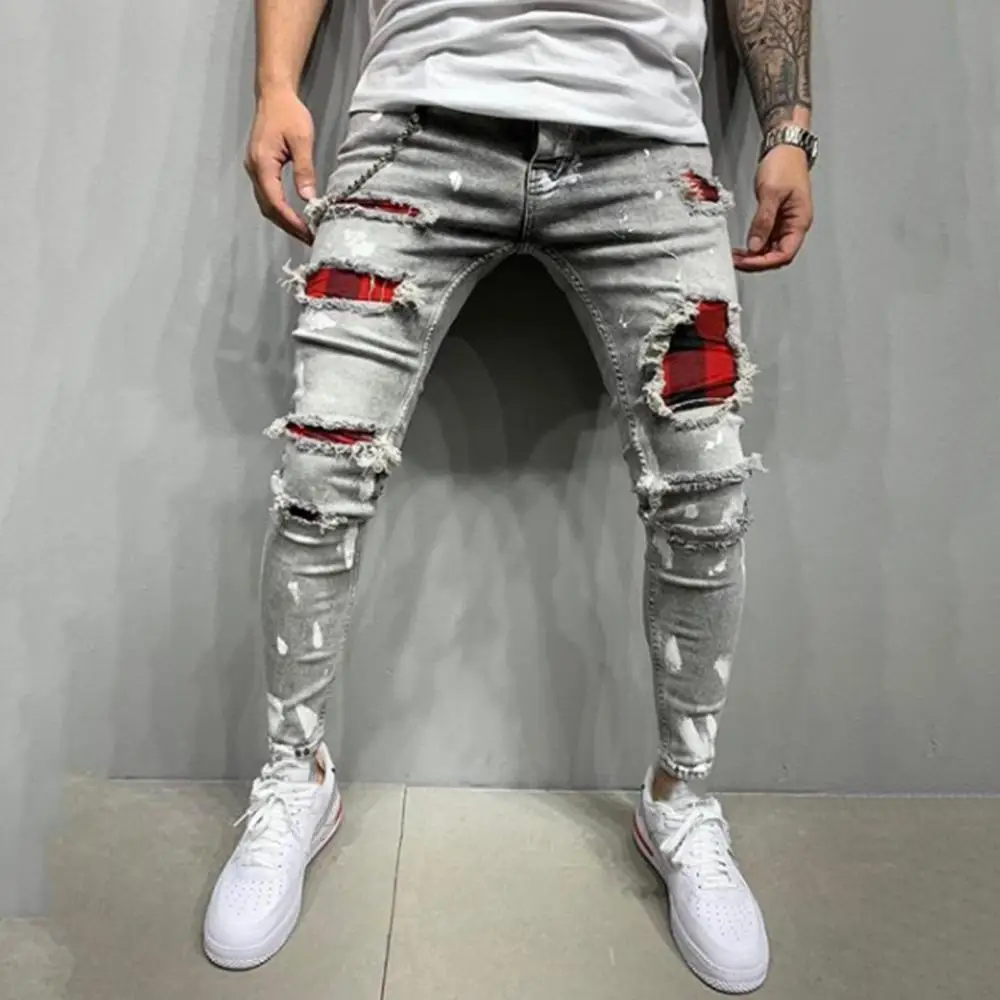 

2021 новые модные мужские однотонные Лоскутные Узкие рваные джинсы стрейч джинсовые брюки размера плюс 2XL