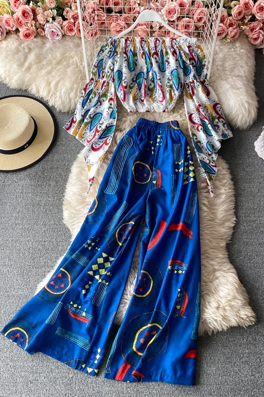 

Summer Holiday Boho 2pcs Clothing Set Off Shoulder Long Sleeve Crop T Shirt Tops + High Waist Wide Leg Pants Pants Beach Wear