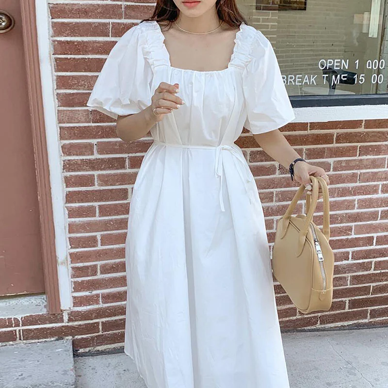 

Fashion Korean Mori Girl Sweet Women'S Dress 2021 Summer New Elegant Square Collar Pleated Lace Waist Dress Casual Midi Dress