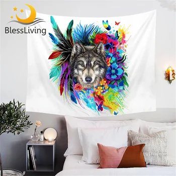 BlessLiving Wolf Tapestry Wall Hanging Boho with Colorful Flowers Feathers Rainbow Tapestries Hippie Wall Decor 150x200cm Sheets 1