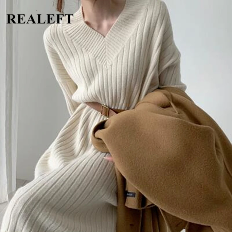 Осенне зимние повседневные женские платья REALEFT вязаное прямое Модное Элегантное
