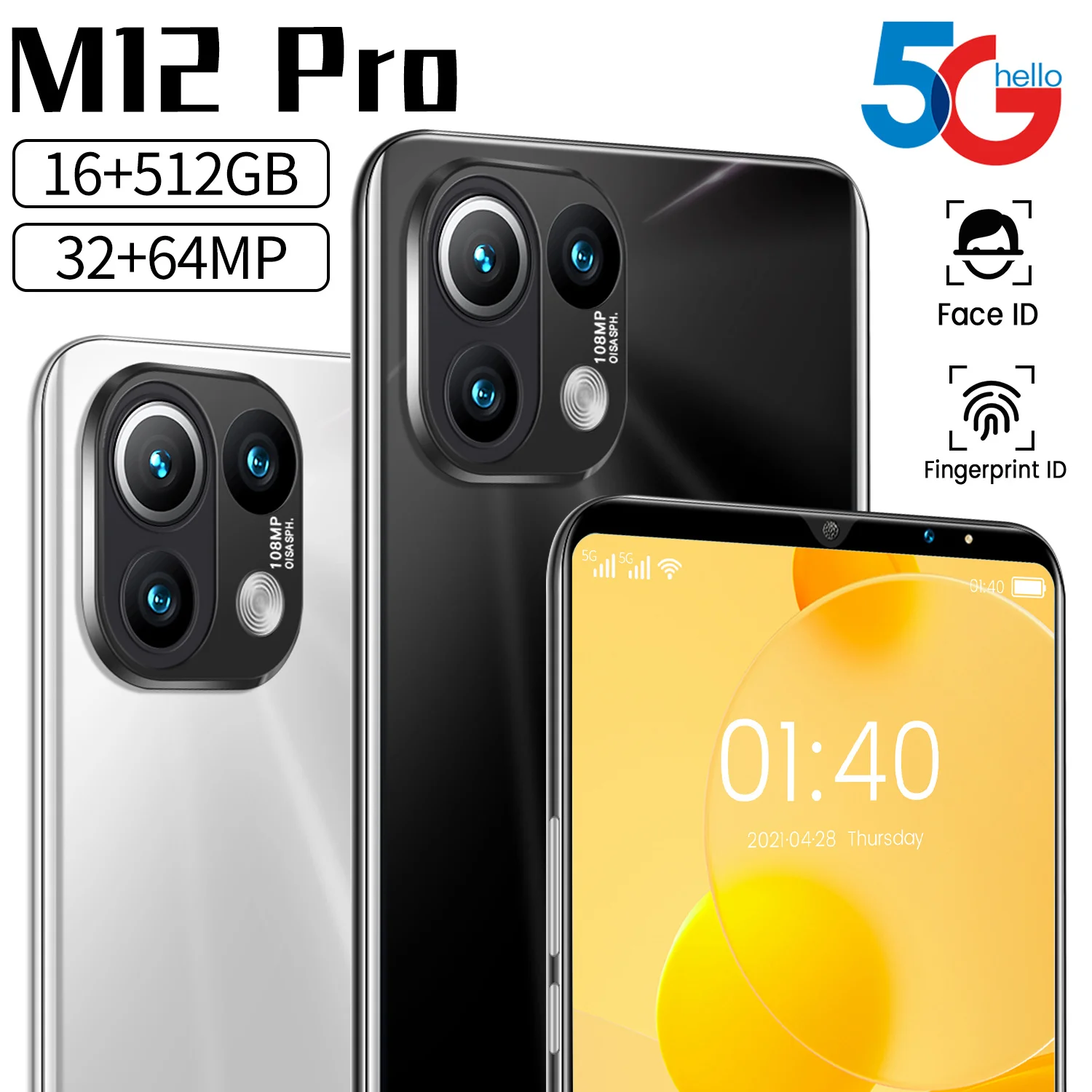 

Smartphone M12 Pro 6.1 inch Global Version1440*3200 Mobile phones 16GB 512GB MTK6889 Deca Core Dual SIM 6000mAh 32+64MP Cellpho