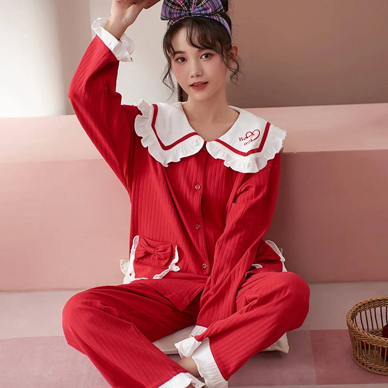 

Женская Хлопковая пижама JRMISSLI из чистого хлопка, атласная пижама с длинным рукавом, топ, брюки, костюмы из двух частей, теплая Пижама с отлож...