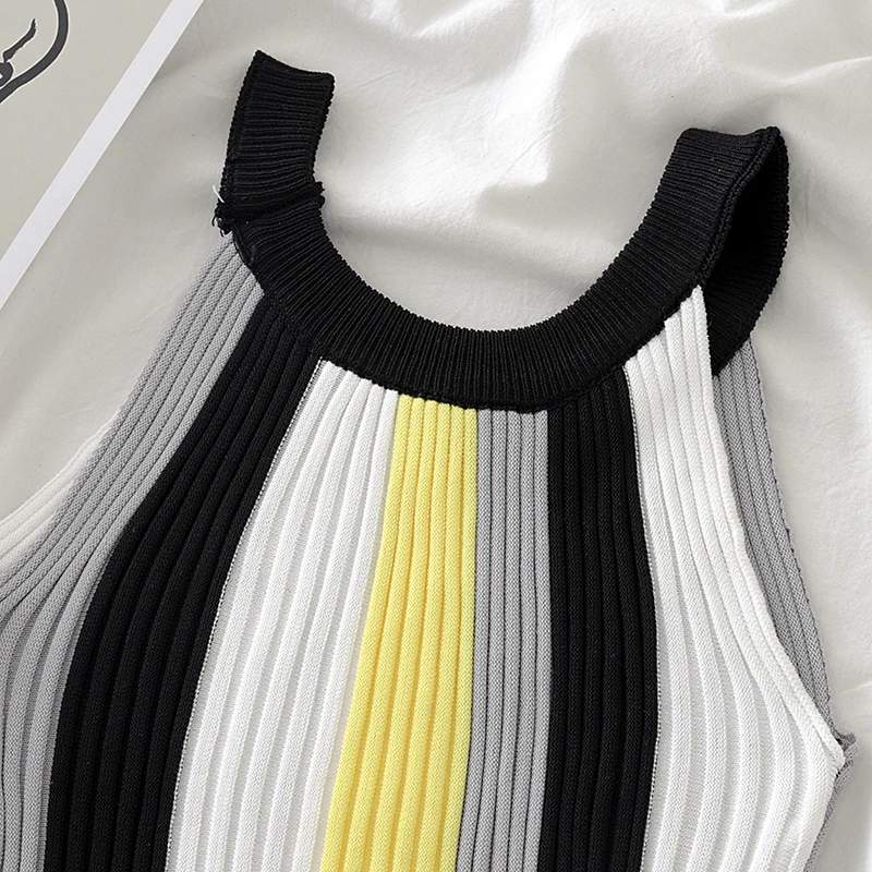 

2020 Spring Summer O-neck Striped Knit Vest Sexy Slim Sleeveless Sling New Chic Tshirt Tank