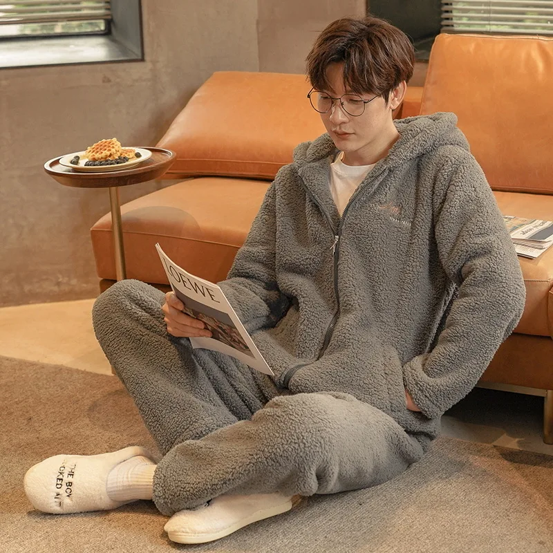

Men Flannel Pajamas Set Winter New Sleepwear Hooded Shirt&Pants Warm Thick Nightwear Male Coral Fleece Pijamas Suit Homewear
