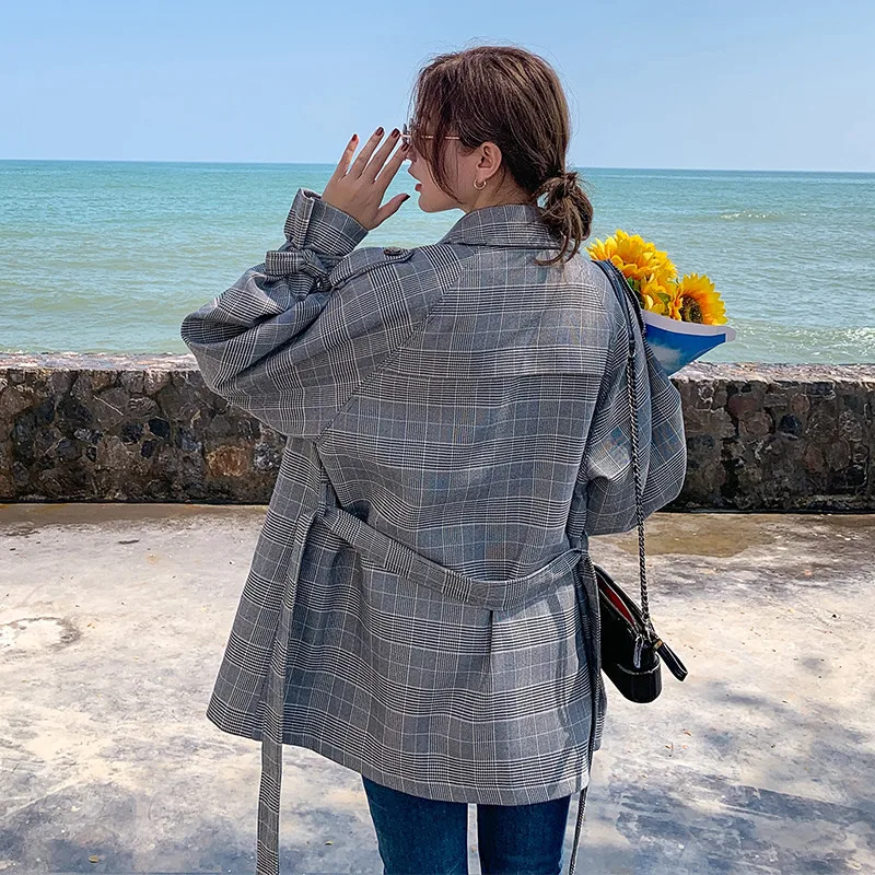

2020 New Coat Female Korean Spring Plaid Striped Loose Jacket Autumn Mid-length Windbreaker Women Double-breasted Tops R65