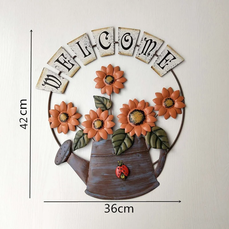 

Home Garden Welcome Sign Pastoral Iron Art Sunflower Pot Front Door Welcome Plaque Metal Flower Outdoor Wall Hanging Board