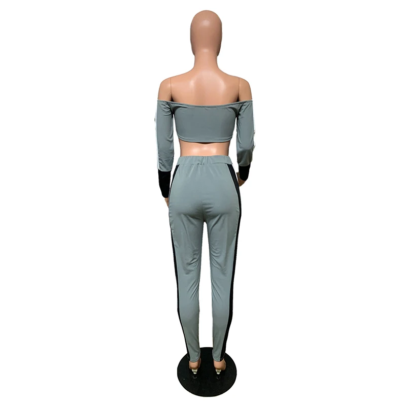 

Striped Sexy Two Piece Tracksuits Women Festival Clothes Slash Neck Long Sleeve Zippers Crop Top + Straight Pants 2 Pcs Outfit