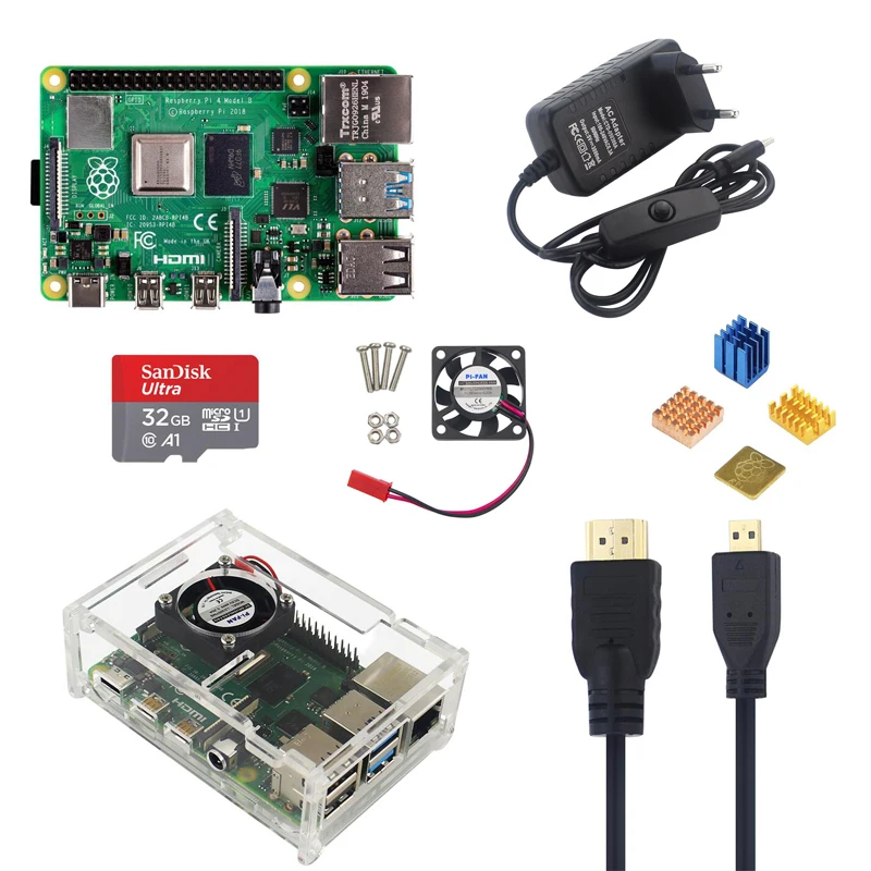 New Raspberry Pi 4 Model B 4G Kit with 5V 3A Power Adapter Acrylic Case Cooling Fan HMDI Cable Heat Sink 16/32G SD Card Optional