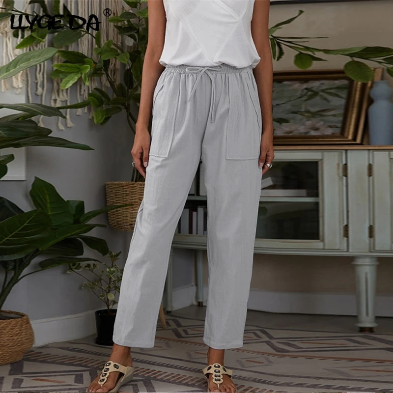 

Blended Cotton Straight Women's Pants High Waist Solid Pocket Loose Pants For Women 2021 Summer New Fashion Trousers For Female