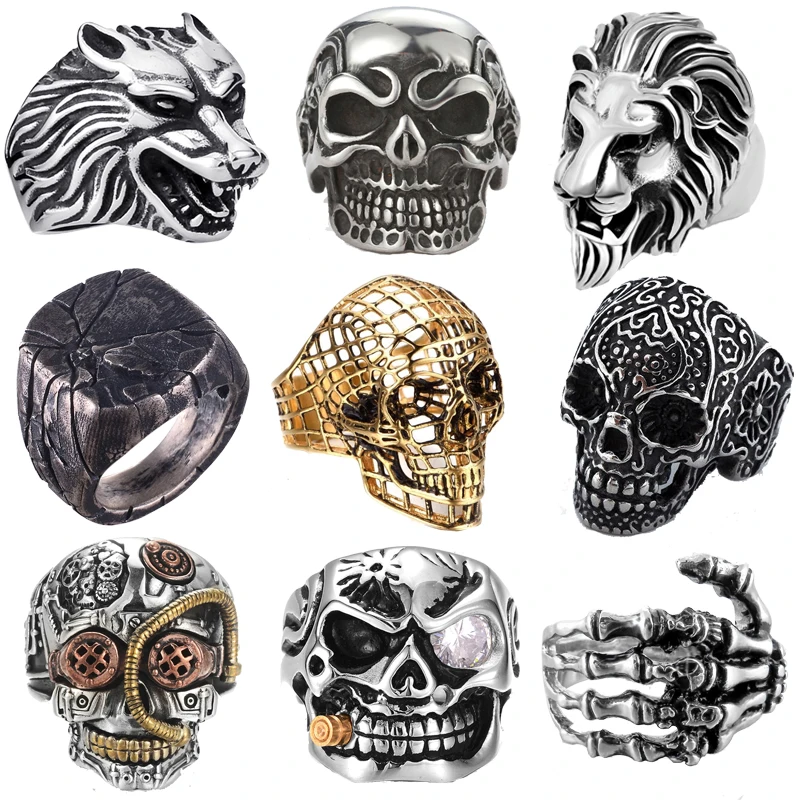 Free Fan Retro Gothic Punk Men Rings Trendy Skull Wolf Lion Dragon Male Band Jewelry Boy Hoop Halloween Accessories | Украшения и
