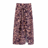 traf women beach sarong skirt za 2021 high waist long skirts woman fashion knot midi skirt vintage print slit summer skirts