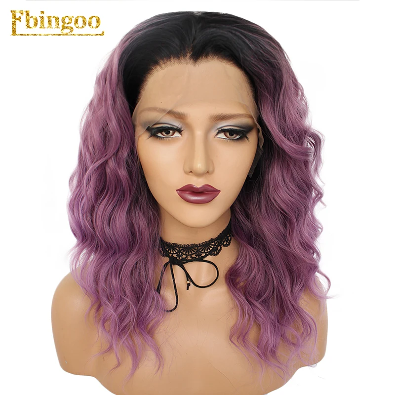 Ebingoo Ombre зеленый оранжевый синий синтетический парик на кружеве средней длины волна воды высокая температура волокна волос парики для женщин