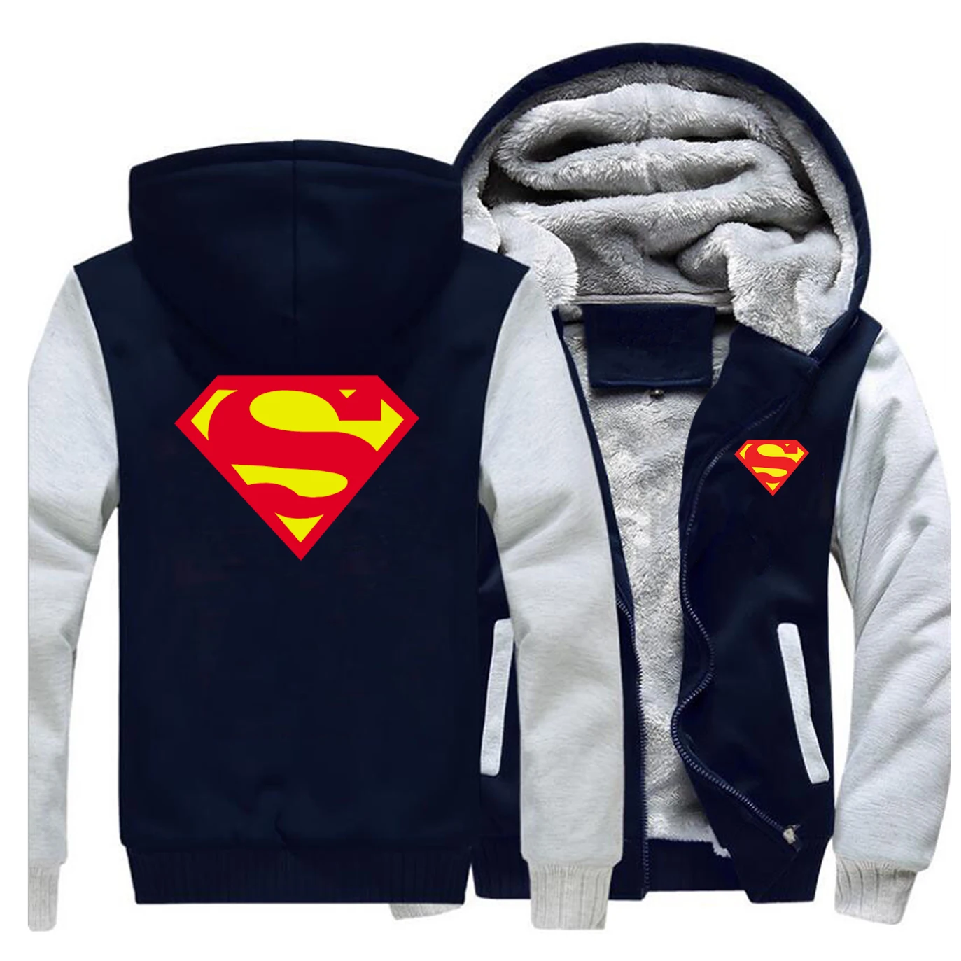 Superman Winter Men Thick Warm Fleece Jacket Logo Print Coat Hoodies Coats Sweatshirts Super Hero Jacket Thicken Hoodie Jackets