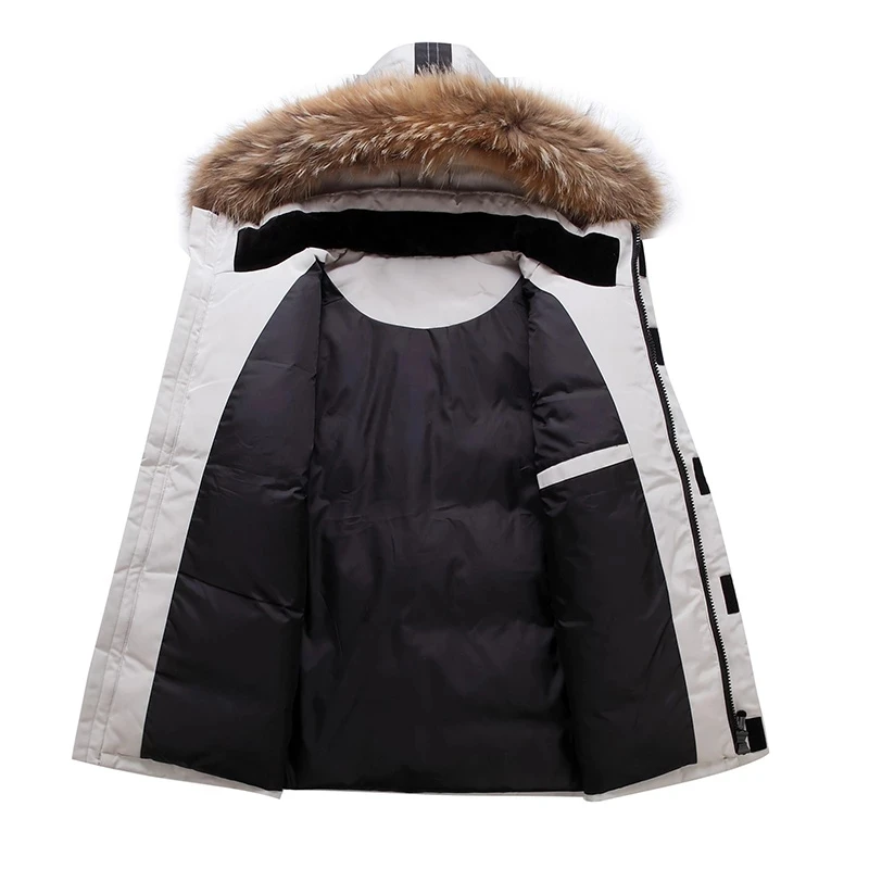 Men's Mid-length Down Jacket Coats Winter Fashion Warm Hooded Thick Parka Men Removable Cap  90% White Duck Down Overcoat