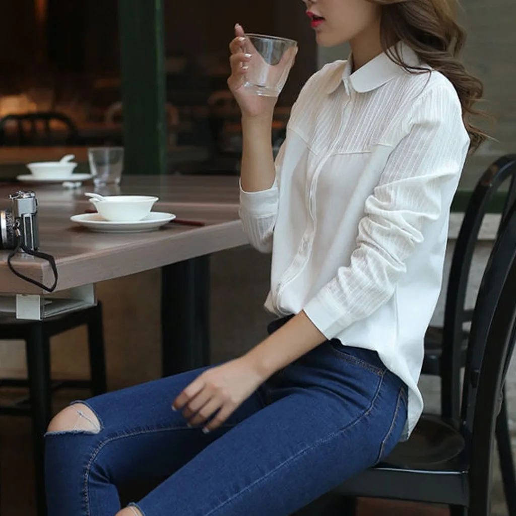 Рубашка блузка женская Blusas Chemisier Femme модная женская деловая рубашка с отворотом полосатая Повседневная белая блузка с длинным рукавом OY40