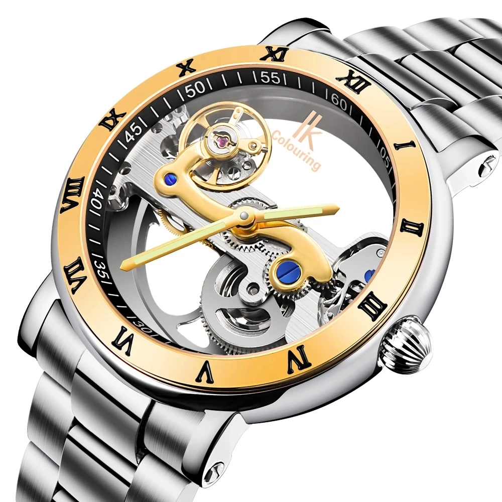 

IK Coloring Original Men's Mechanical Bridge Skeleton Watch Stainless Steel Male Clock Automatic Relogio Masculino