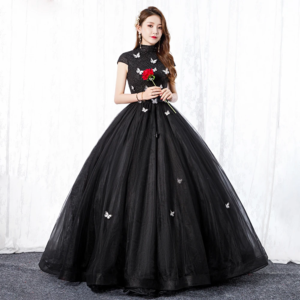 Милое черное пышное платье на 16 лет 2019 Vestido debutante 15 anos бальное с высокой горловиной